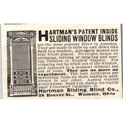 Hartman Sliding Blind Co Wooster Ohio Window Blinds c1890 Victorian Ad AE8-CH10