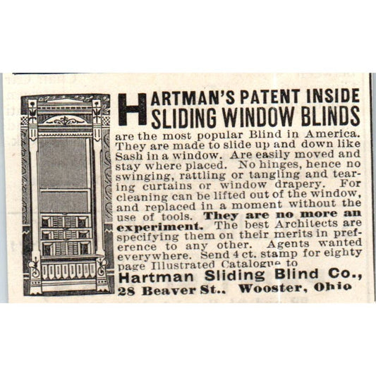 Hartman Sliding Blind Co Wooster Ohio Window Blinds c1890 Victorian Ad AE8-CH10