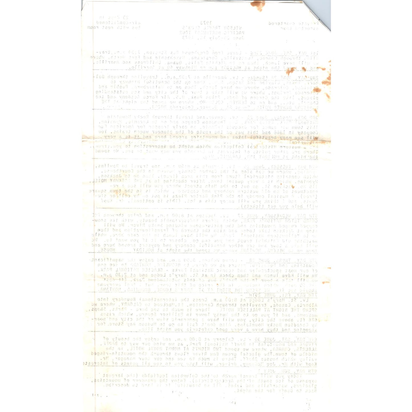 1973 Wilson Travel Club's Pacific Northwest Tour Travel Itinerary AE8