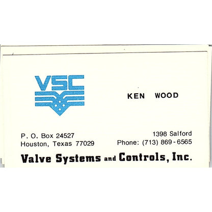 Ken Wood VSC Valve Systems and Controls Houston Vintage Business Card SE5-B2