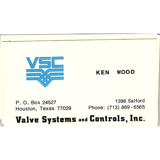 Ken Wood VSC Valve Systems and Controls Houston Vintage Business Card SE5-B2