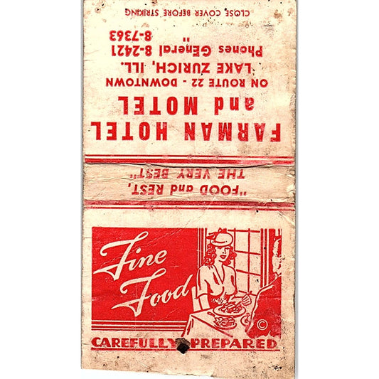 Farman Hotel & Motel Lake Zurich IL Vintage Matchbook Cover SC7-Y3