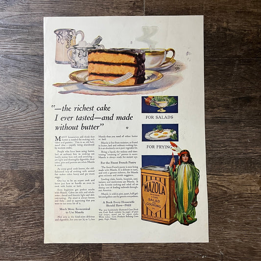 c1920 Mazola Salad & Cooking Oil Vintage Magazine Ad 10x14 V7