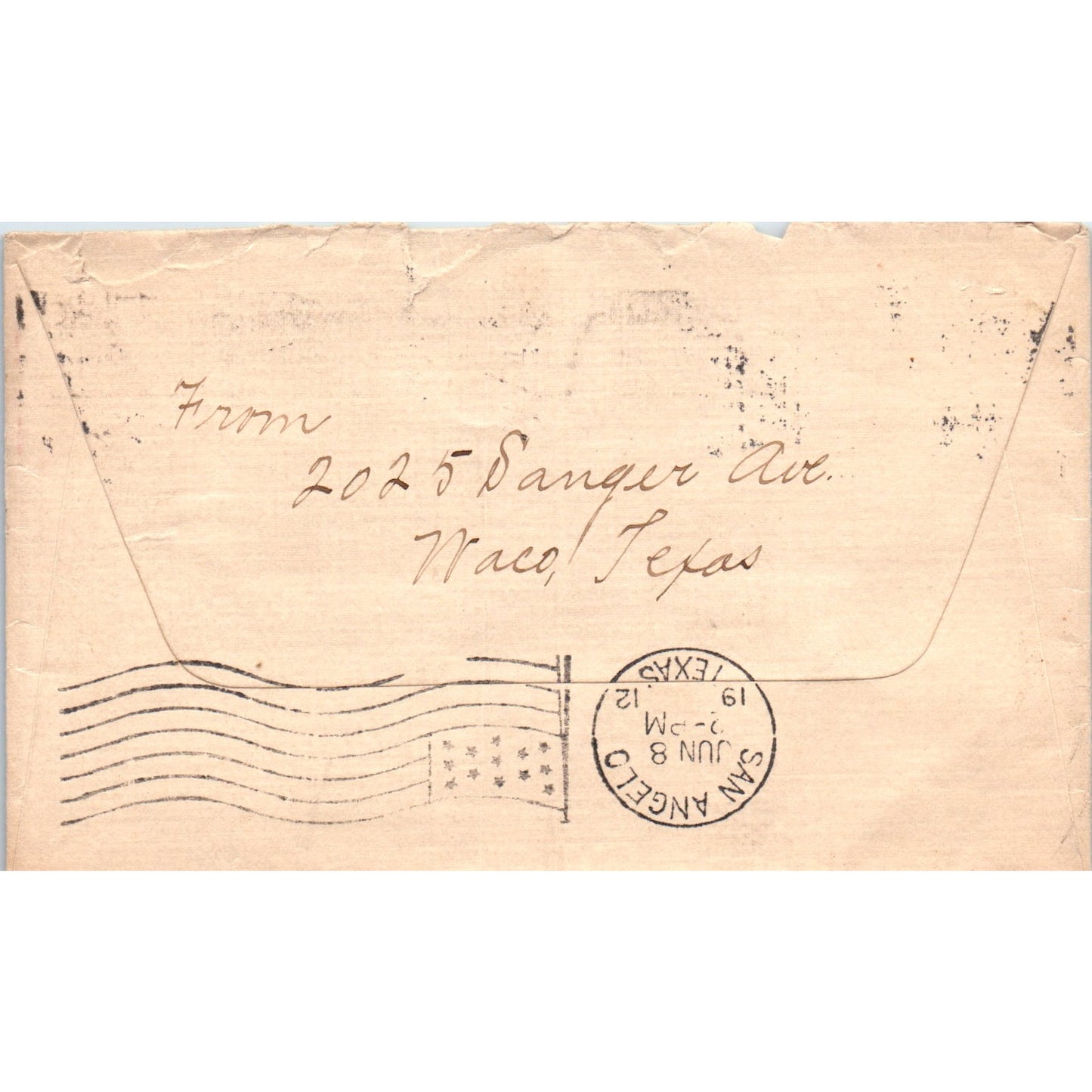 1912 Waco Texas to Fred Williams San Angelo TX Postal Cover Envelope TG7-PC2