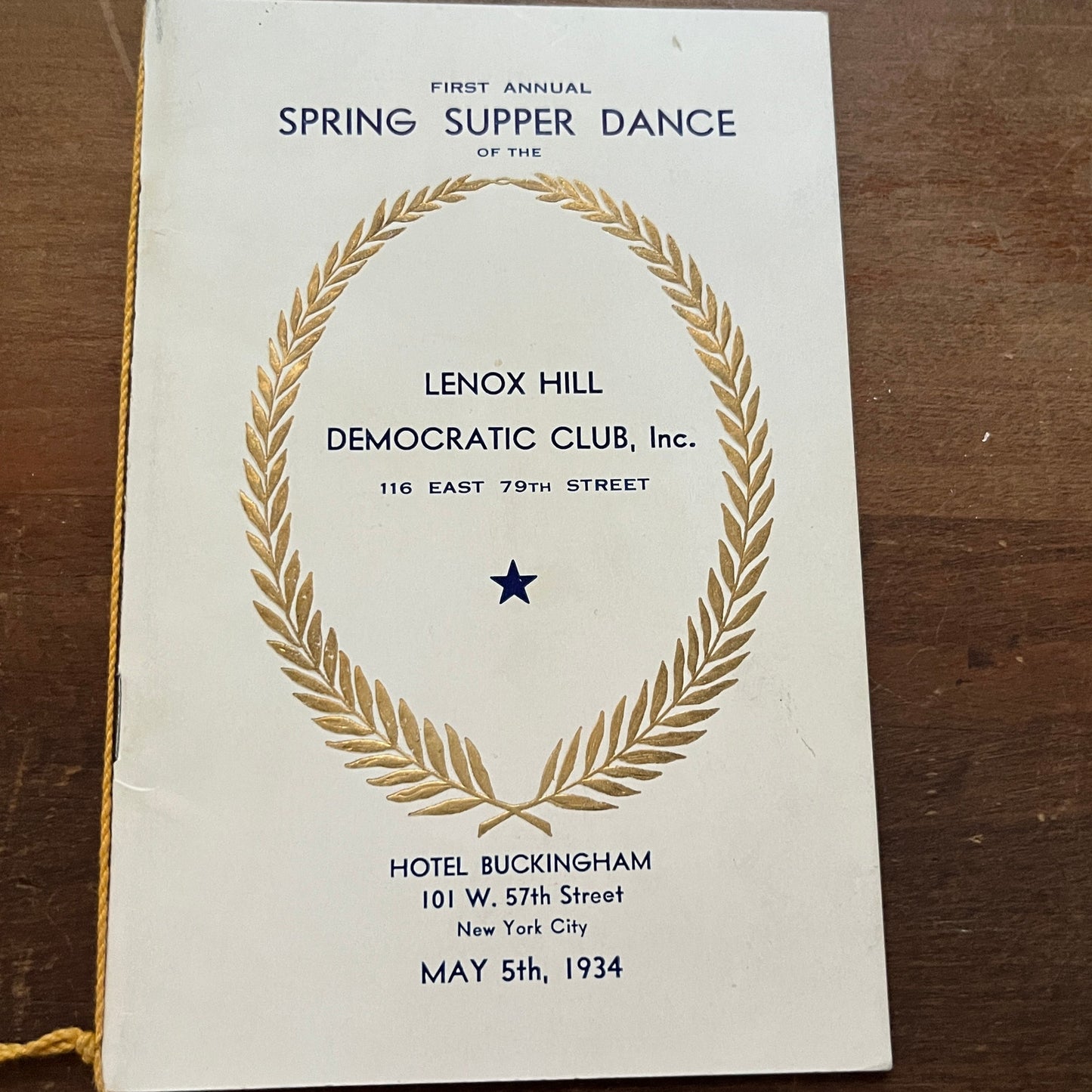 1934 Lenox Hill Democratic Club Spring Supper Dance Program NYC TH2-TB6