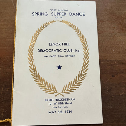 1934 Lenox Hill Democratic Club Spring Supper Dance Program NYC TH2-TB6