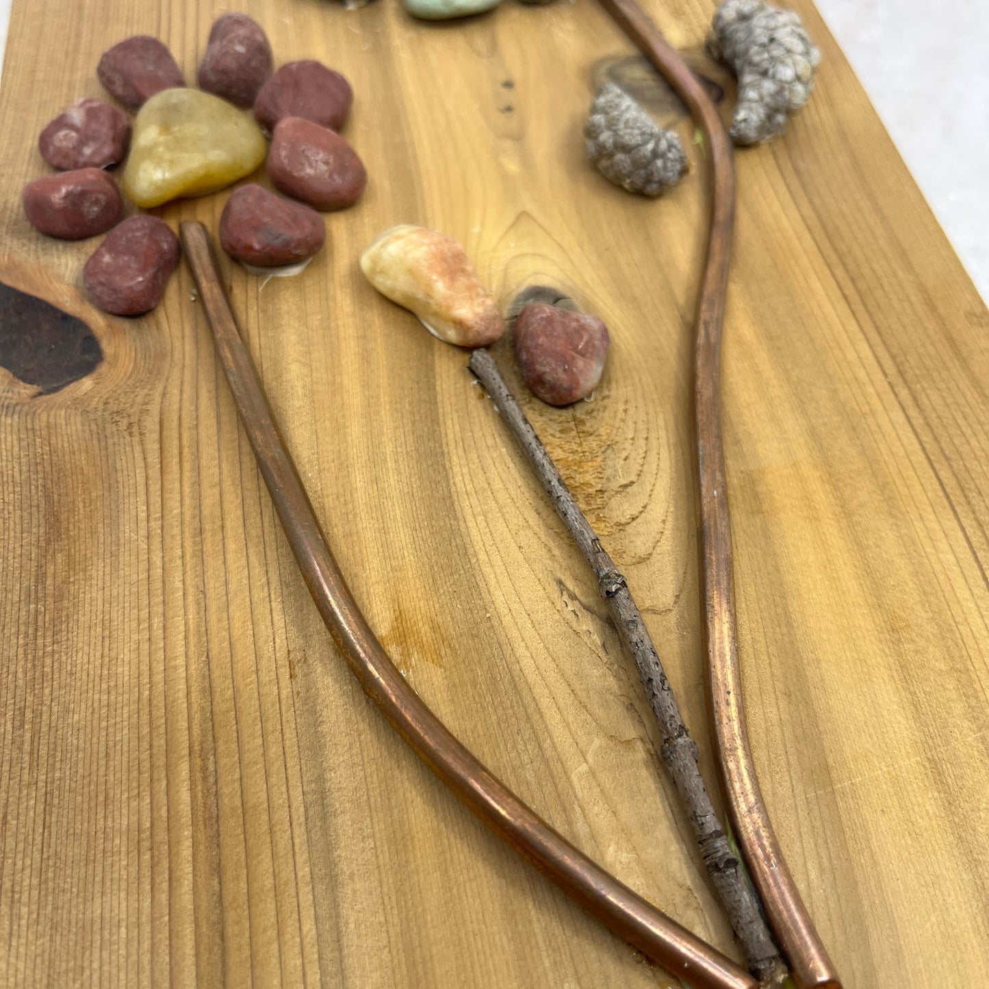 Rustic Wood, Copper and Rock Original Folk Wall Art Floral 7x14” TF5