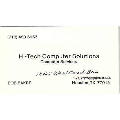 Hi-Tech Computer Solutions Bob Baker Houston TX Vintage Business Card SD9-B2