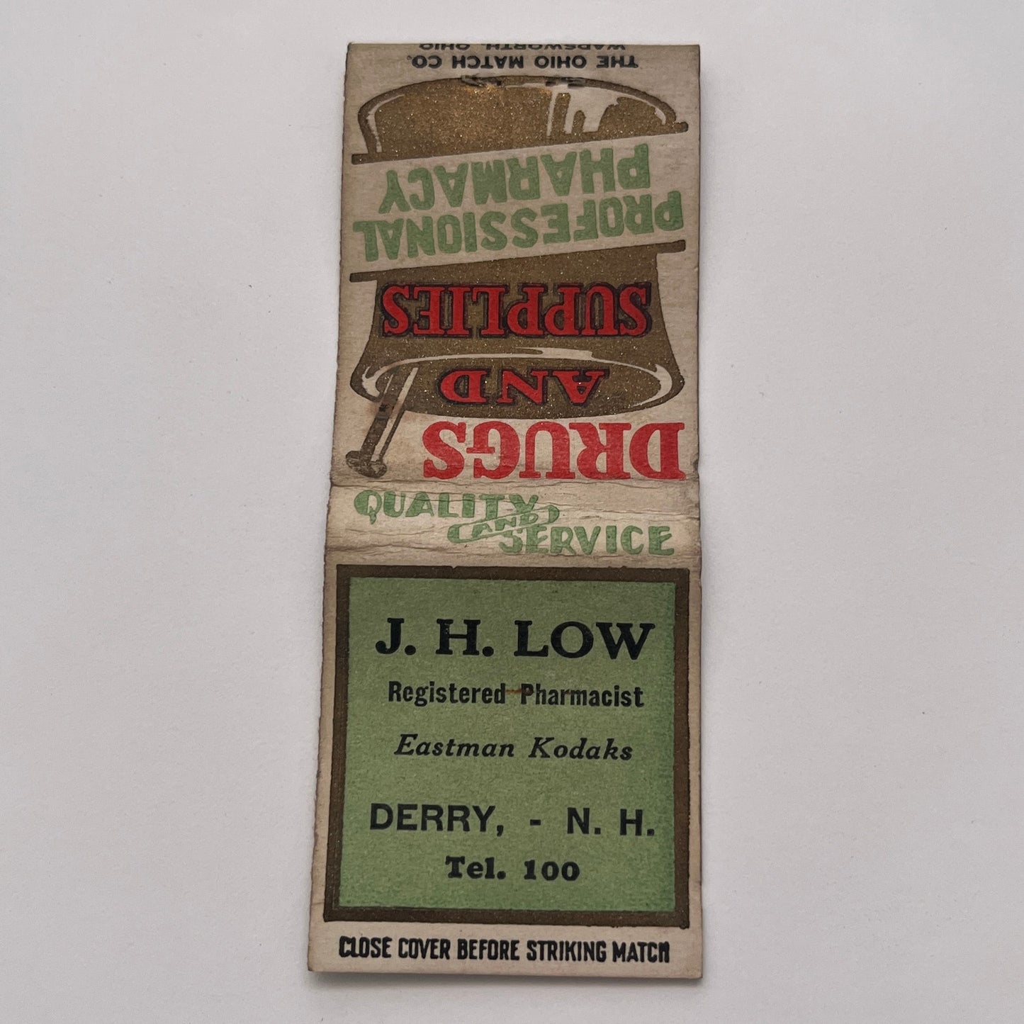 J.H. Low Pharmacist Derry New Hampshire Vintage Matchbook Cover TB8-MB-3