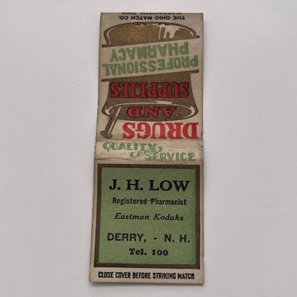J.H. Low Pharmacist Derry New Hampshire Vintage Matchbook Cover TB8-MB-3