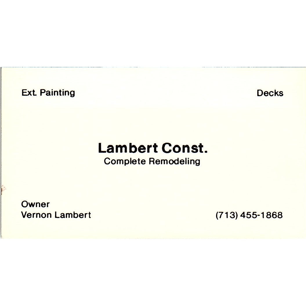 Vernon Lambert Construction Houston TX Vintage Business Card SD9-B2