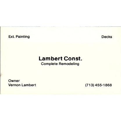 Vernon Lambert Construction Houston TX Vintage Business Card SD9-B2