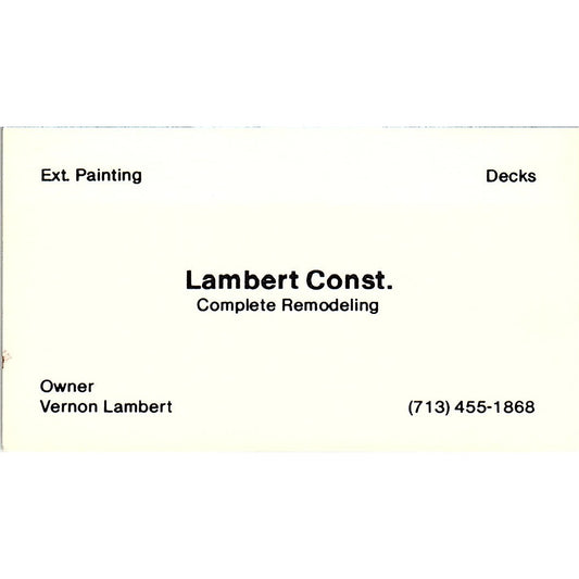 Vernon Lambert Construction Houston TX Vintage Business Card SD9-B2