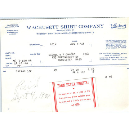 Wachusett Shirt Co Clothes 1941 Original Billhead Letterhead Receipt D8-LL