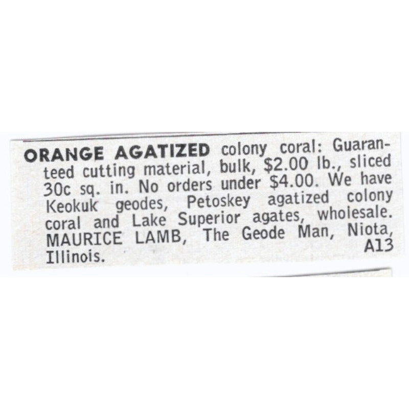 Maurice Lamb Orange Agatized Colony Coral The Geode Man Niota IL 1964 Ad AK6-S8