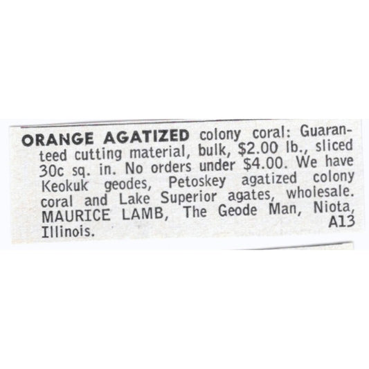 Maurice Lamb Orange Agatized Colony Coral The Geode Man Niota IL 1964 Ad AK6-S8
