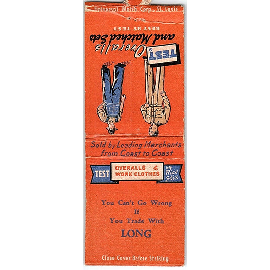 Test Work Overalls and Matched Sets Vintage Matchbook Cover SF3-Y4