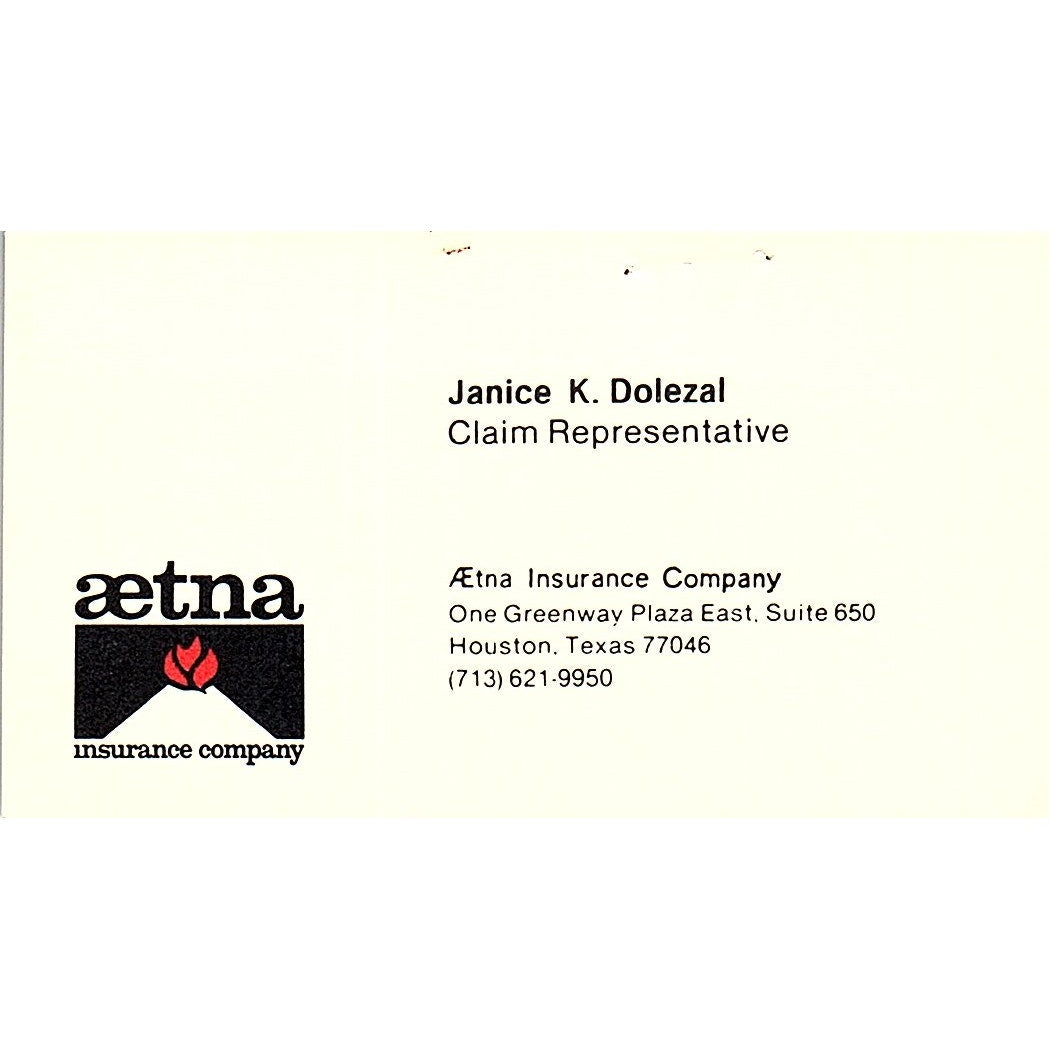Janice K Dolezal Houston TX Aetna Ins Co Vintage Business Card SE3-B15