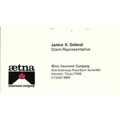 Janice K Dolezal Houston TX Aetna Ins Co Vintage Business Card SE3-B15
