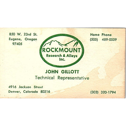 John Gillott Rockmount Research & Alloys Denver CO Vintage Business Card SE5-B1