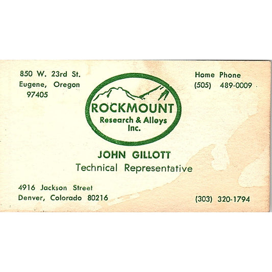 John Gillott Rockmount Research & Alloys Denver CO Vintage Business Card SE5-B1