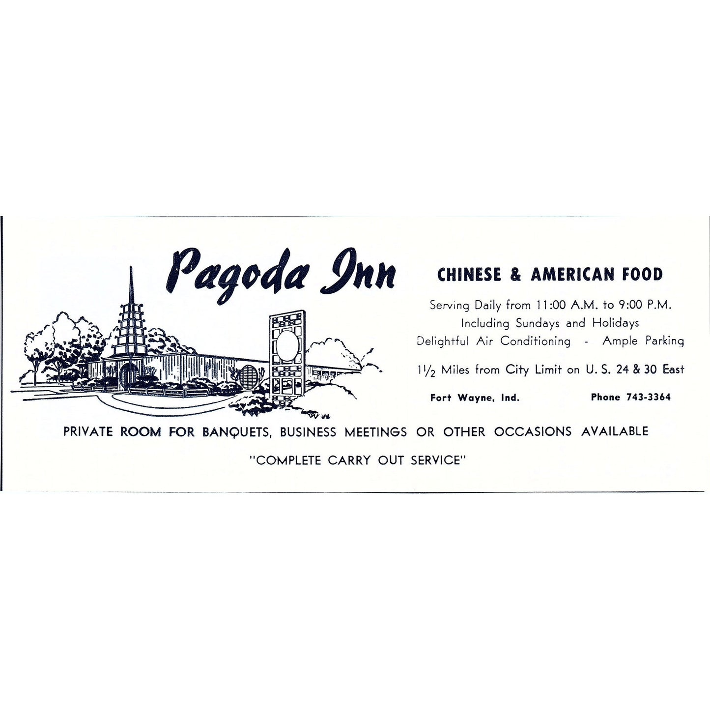 Pagoda Inn Chinese & American Food Fort Wayne Indiana 1964 Ad AG1-9