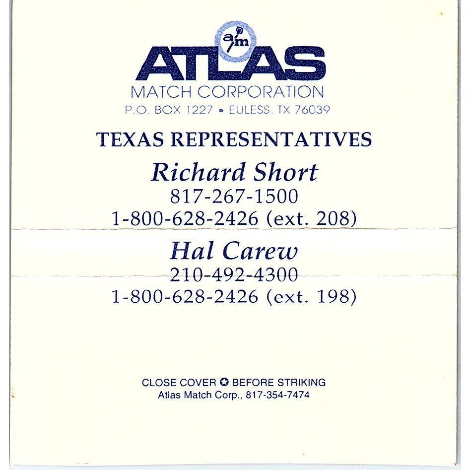 Atlas Match Corp Texas Reps Richard Short, Hal Carew Vtg Matchbook TB6-MB2-13