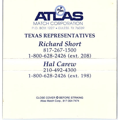Atlas Match Corp Texas Reps Richard Short, Hal Carew Vtg Matchbook TB6-MB2-13