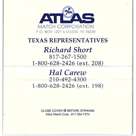 Atlas Match Corp Texas Reps Richard Short, Hal Carew Vtg Matchbook TB6-MB2-13