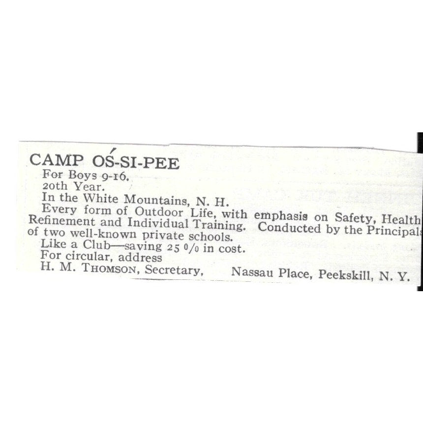 Camp Os-Si-Pee Peekskill NY H.M. Thompson c1920 Harper's Magazine Ad AG4-S8