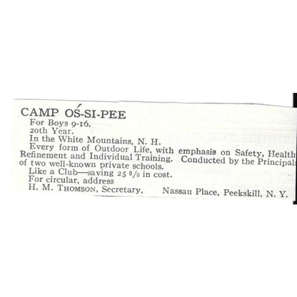 Camp Os-Si-Pee Peekskill NY H.M. Thompson c1920 Harper's Magazine Ad AG4-S8