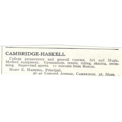 Cambridge-Haskell Prep Mary E. Haskell MA c1918 Original Advertisement AE5-SA6
