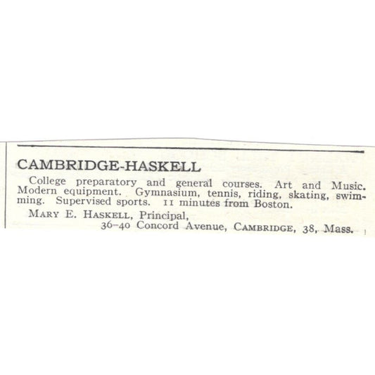 Cambridge-Haskell Prep Mary E. Haskell MA c1918 Original Advertisement AE5-SA6