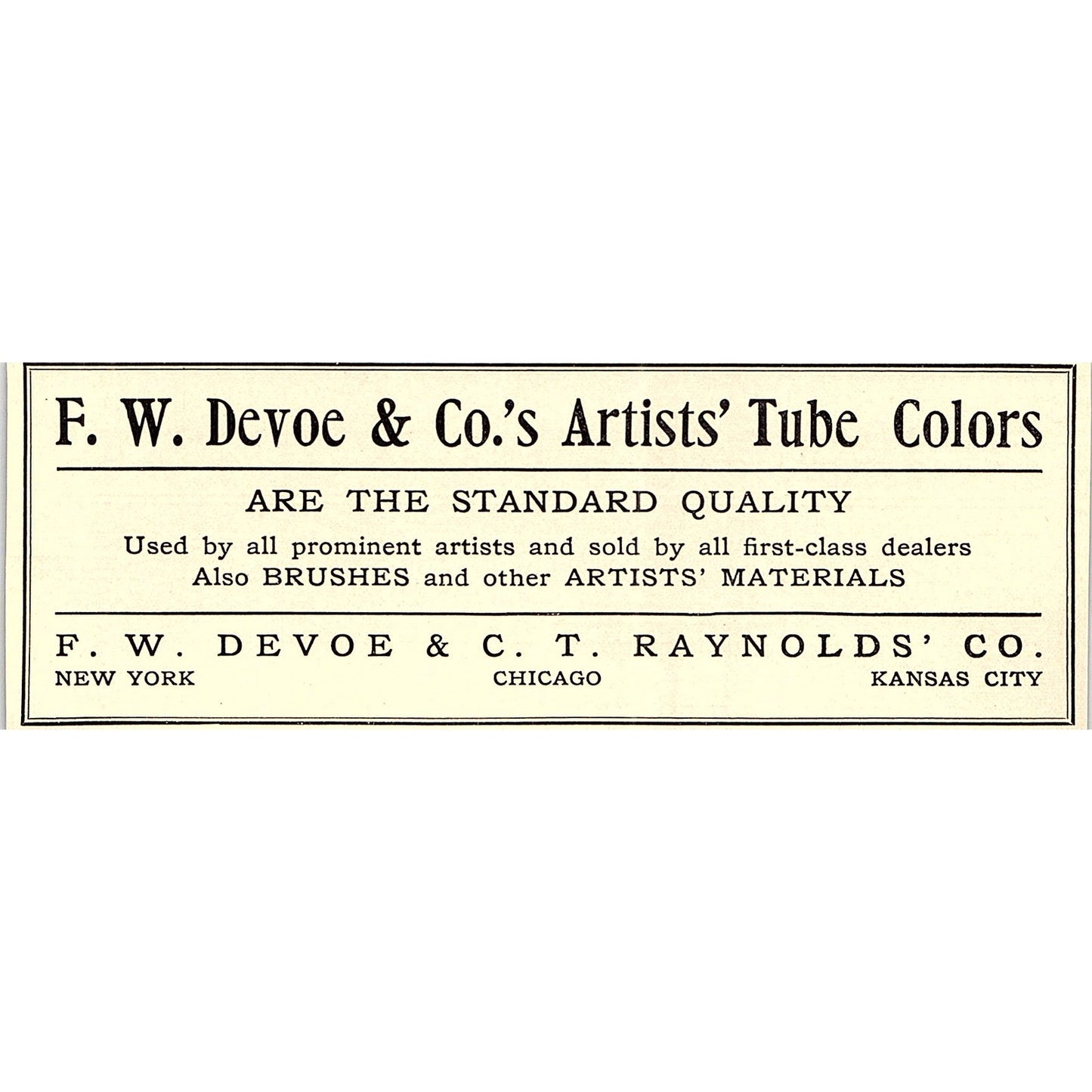 F.W. Devoe & Co Artists' Tube Colors F.W. Devoe & C.T. Raynolds - 1908 Ad AF4-3