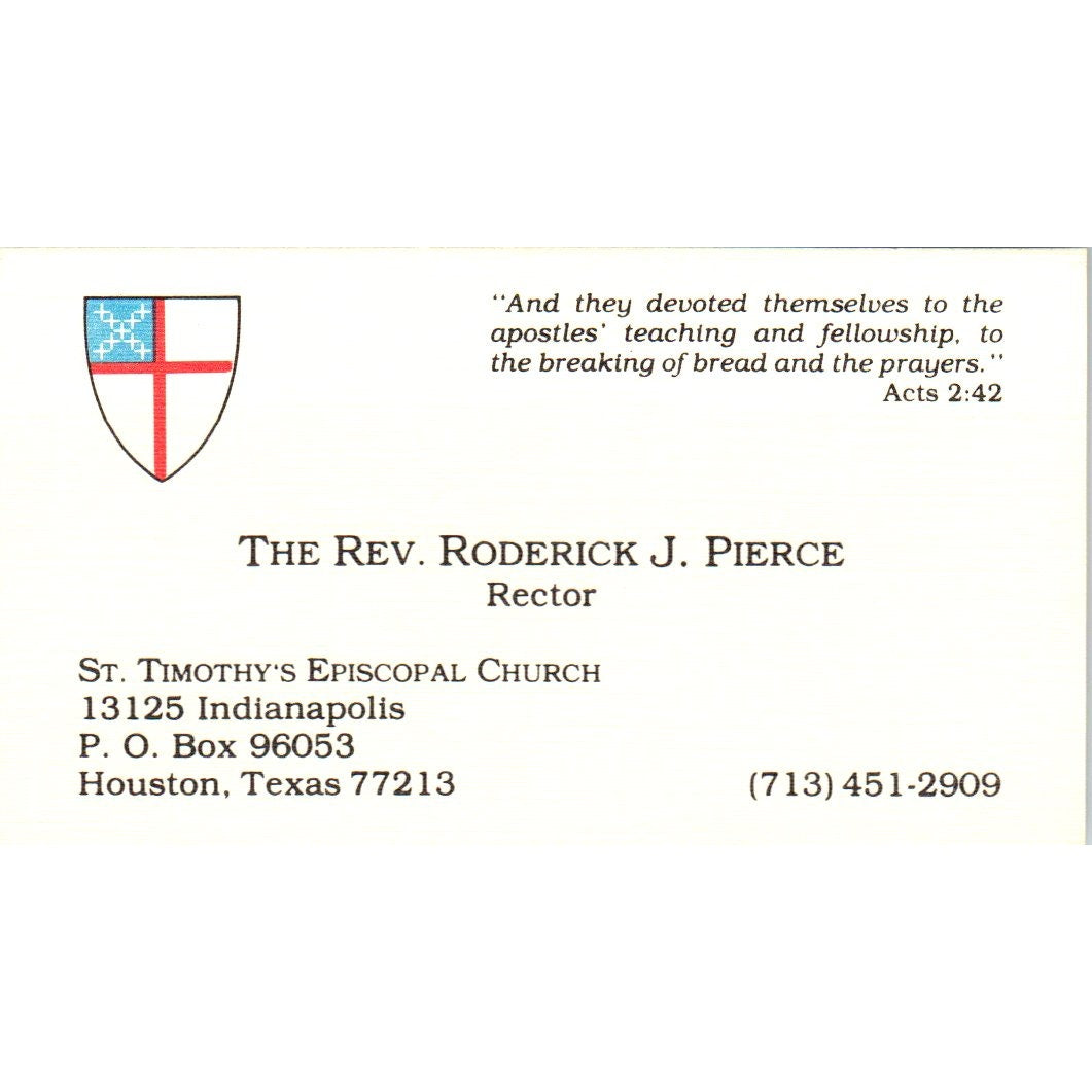 Rev Roderick J Pierce St Timothys Episcopal Church Houston Business Card SD8-B21