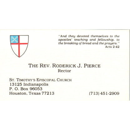 Rev Roderick J Pierce St Timothys Episcopal Church Houston Business Card SD8-B21