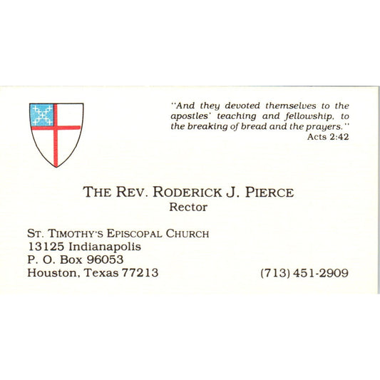 Rev Roderick J Pierce St Timothys Episcopal Church Houston Business Card SD8-B21