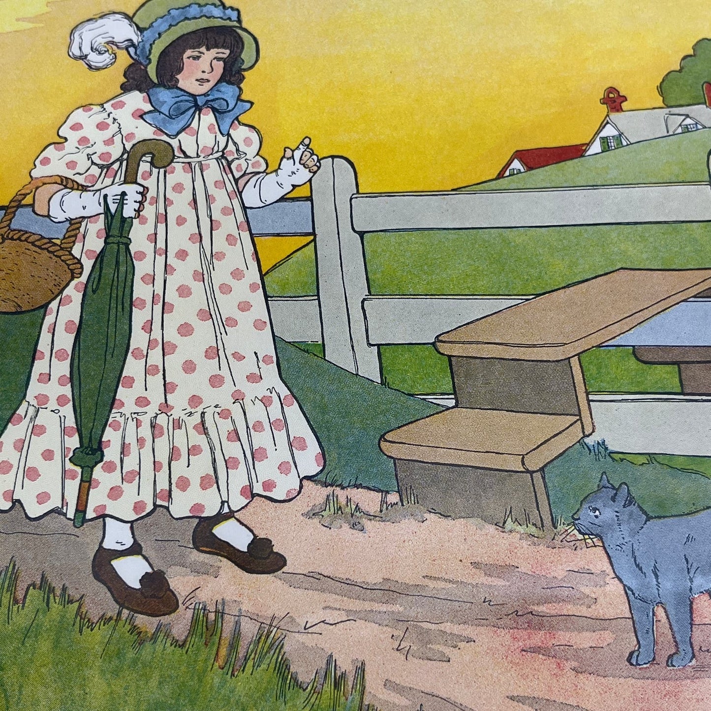 Pussy-Cat and Queen Mother Goose Nursery Rhyme Vintage Print Fisher Wright FL6-9