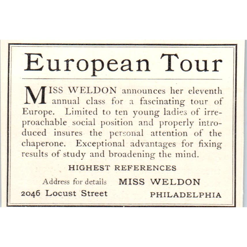 Miss Weldon's European Tour Philadelphia c1905 Victorian Ad AE9-MA9