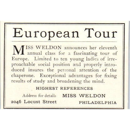 Miss Weldon's European Tour Philadelphia c1905 Victorian Ad AE9-MA9