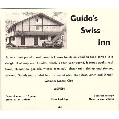 Guido's Swiss Inn Aspen CO 1958 Ad AG1-H4