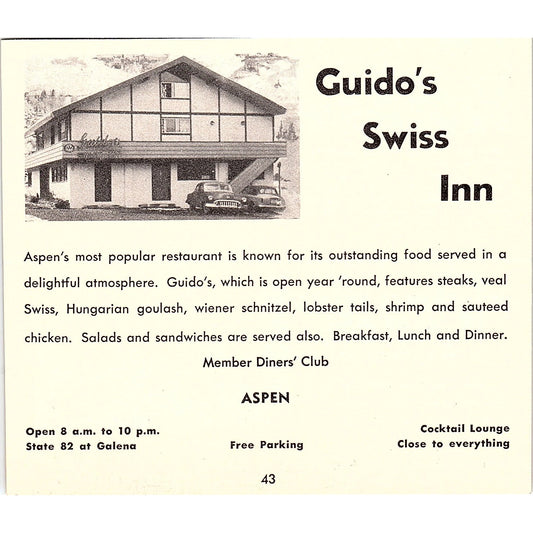 Guido's Swiss Inn Aspen CO 1958 Ad AG1-H4