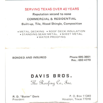 Davis Bros Roofing Co R.D. Buster Davis Houston TX Vintage Business Card SD8-B14