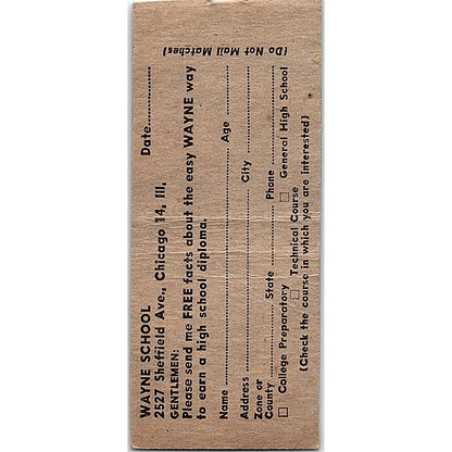 Wayne School High School Diploma Chicago Vintage Matchbook Cover SE5-Y2