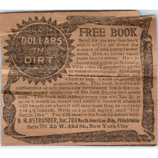 Dollars in Dirt Book Offer W.M. Ostrander Inc NY 1906 Original Ad AB6-CL1