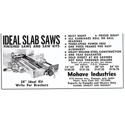 Mohave Industries Ideal Slab Saws Kingman Arizona 1972 Ad AF8-M4