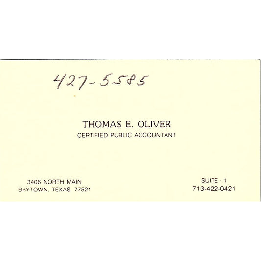 Thomas E Oliver CPA Baytown TX Vintage Business Card SD9-B1