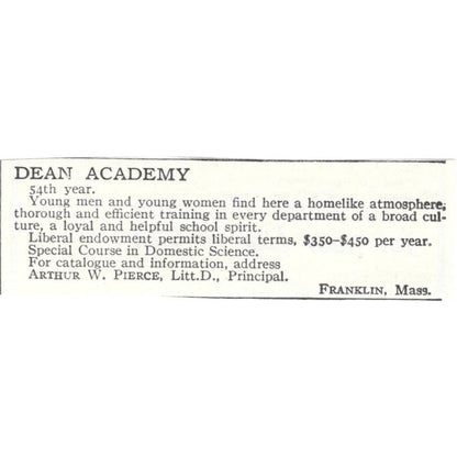 Dean Academy Arthur W. Pierce Franklin MA c1918 Original Advertisement AE5-SA10