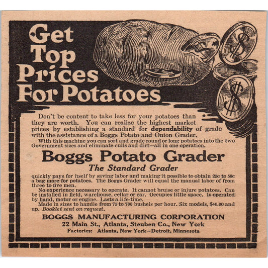 Boggs Manufacturing Co Potato Grader NY 1922 Magazine Ad AF2-A5