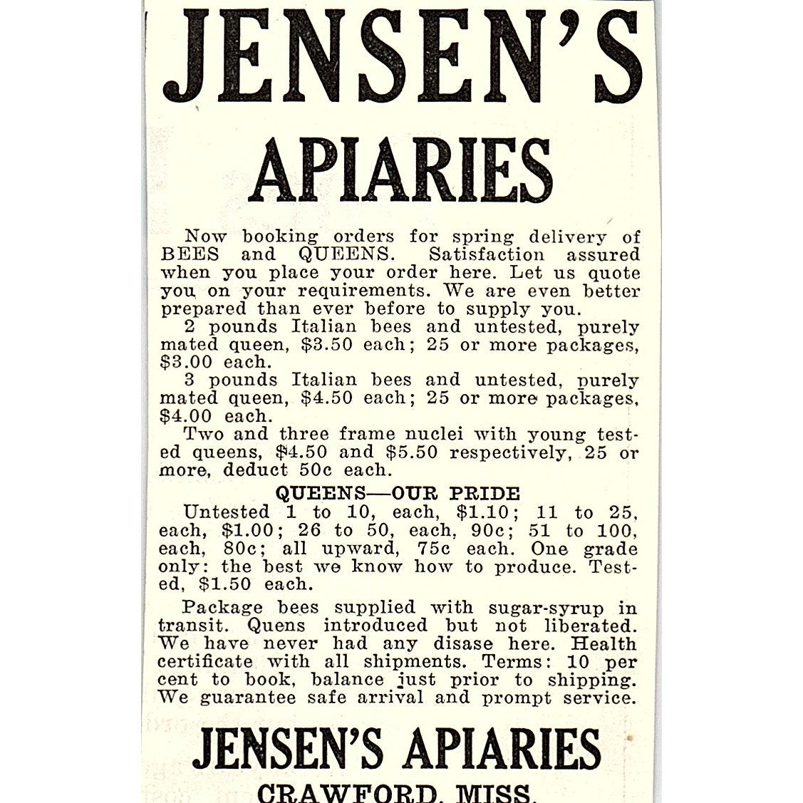 Jensen's Apiaries Crawford Mississippi 1926 Ad AG3-M8